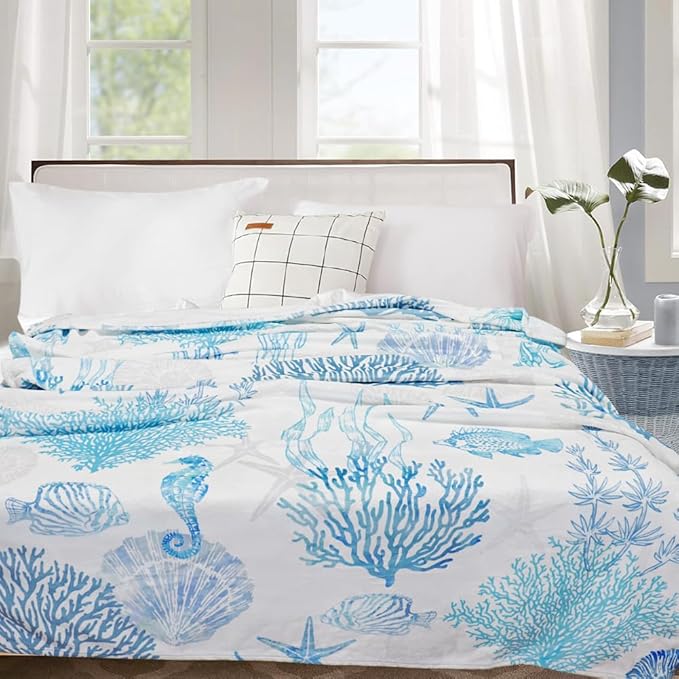 Blue Ocean Beach Throw Blanket Nautical Coastal Bed Blanket Starfish Seashell Coral Blankets Super Soft Flannel Fleece Throw Blanket for Couch Bed Decor “50 x60”