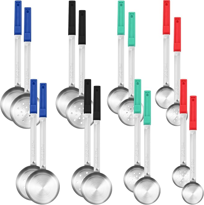 16 Pcs Portion Control Serving Spoons, Restaurant Measuring Serving Ladle Utensils, Portion Control Slotted Scoops for Weight Loss, Solid and Perforated Scoops(4 Colors,4 Sizes)