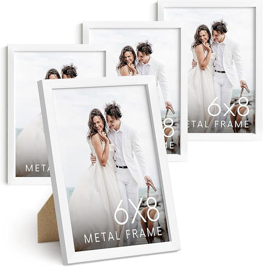 HAUS AND HUES 6x8 White Metal Picture Frames - Photo Frames 6x8 - Features Premium Aluminum, Vertical Hanging, Easel Back for Tabletop, Home, Office (6x8 in, White, Set of 4)