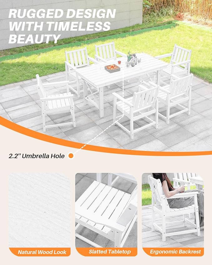 HDPE Patio Dining Set, 5-Piece Outdoor Table and Chairs with Umbrella Hole, Modern Outdoor Dining Set for 4, HDPE Outdoor Patio Furniture Dining Sets for Deck, Poolside, Porch, Pearl