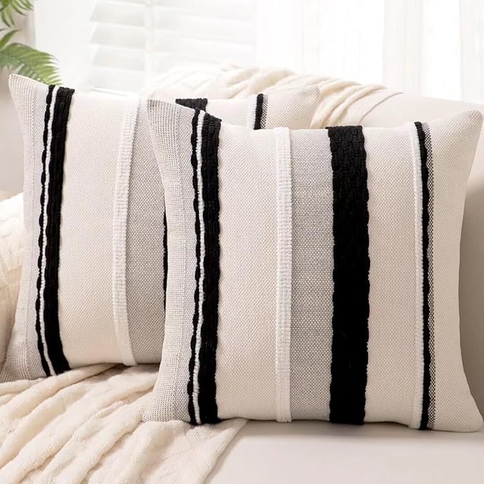 Boho Throw Pillow Covers 18x18 Set of 2 Farmhouse Decorative Cushion Case Striped Square Pillows Cover Chenille Pillow Cases Accent Neutral Pillowcase for Sofa Couch Bed,Black and White