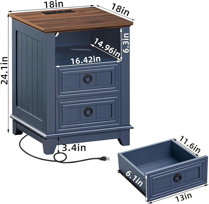18" Farmhouse Night Stands Set of 2 with Charging Station, 2 Drawers End Table Dresser for Bedroom, Blue Wooden Nightstand, Bed Side Table with Open Shelf, Bedside Cabinet for Living Room