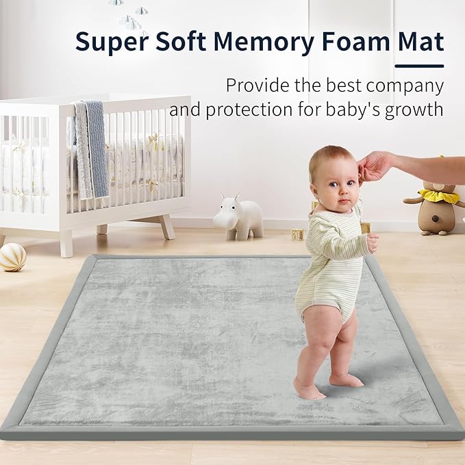 ACOMOPACK Baby Play Mat for Floor 1.3" Thick Memory Foam Play Mat 79"×118" Tummy Time Crawling with Non-Slip Bottom for Living Room,Nursery,Soft Velvet Playpen Mats for Kids,Infants（Light Grey）