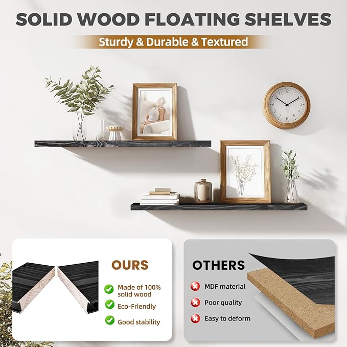 36"x6.8"x1.2" Solid Wood Floating Shelves 2-Pack - Rustic Black Finish with Hidden Brackets, Perfect for Storage and Décor in Living Room, Kitchen, Bedroom