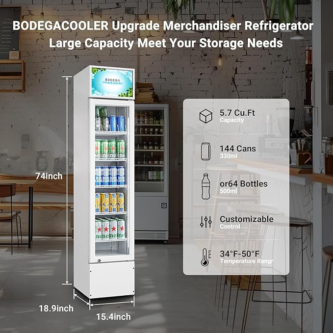 BODEGACOOLER 5.7 Cu.Ft Commercial Beverage Refrigerator,Commercial Cooler Refrigerators Glass Door Display Fridge for Bar,Drink,Tall Drink Cooler for Parties,Slim Single Door Display Fride