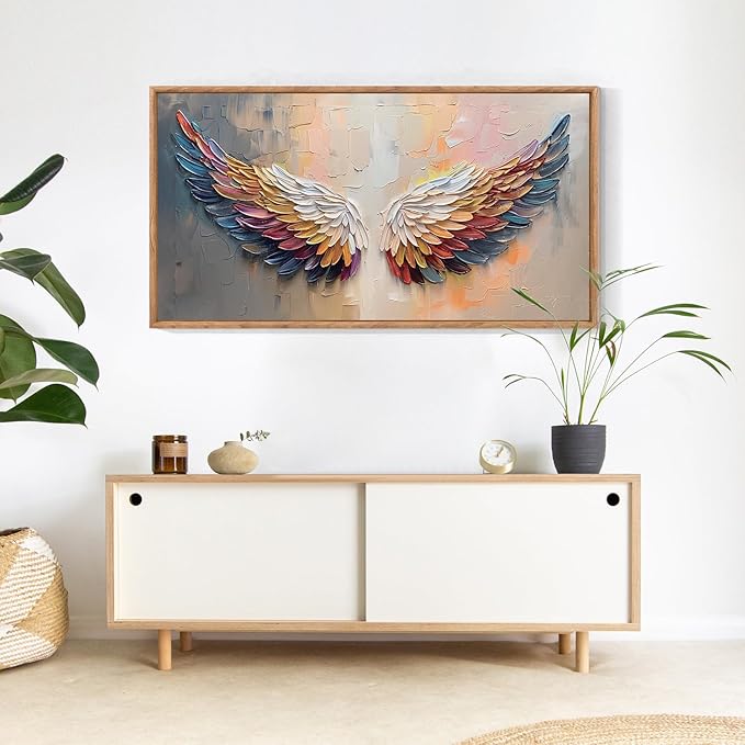 Aurlan Angel Wings Hand Painted Framed Wall Decor(40"x20"), Large Abstract Colorful Feather 3D Textured Oil Painting Canvas Artwork, Modern Contemporary Inspirational Wall Art for Living Room Bedroom