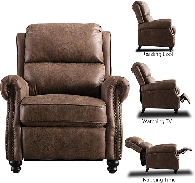 CANMOV Pushback Recliner Chair Set of 2, Faux Leather Armchair Push Back Recliner with Rivet Decoration Single Sofa Accent Chair for Living Room, Chocolate