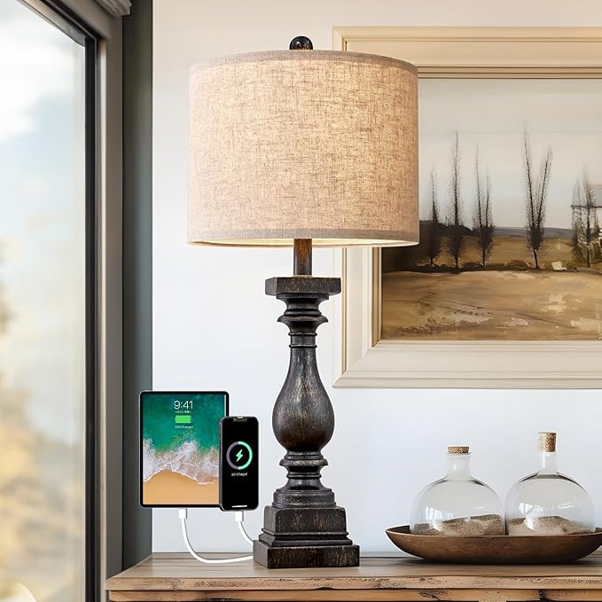 BOBOMOMO Retro 27" USB Charging Ports A/C Farmhouse Single Lamps for Bedrooms Retro Side Table Lamps Bedside Lamp for Side Nightstand Living Room 1 Pack