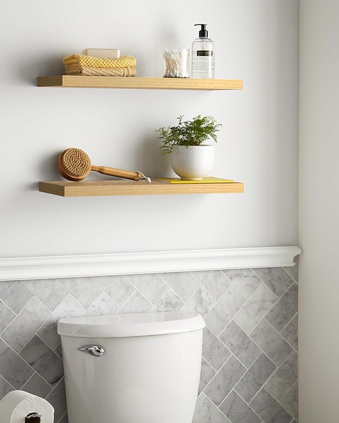 BAYKA Floating Shelves, 22.5" Wall Mounted Wood Shelves for Bathroom, Bedroom, Living Room, Kitchen, Hanging Shelf for Books/Storage/Decor (Oak-Toned,Set of 2)