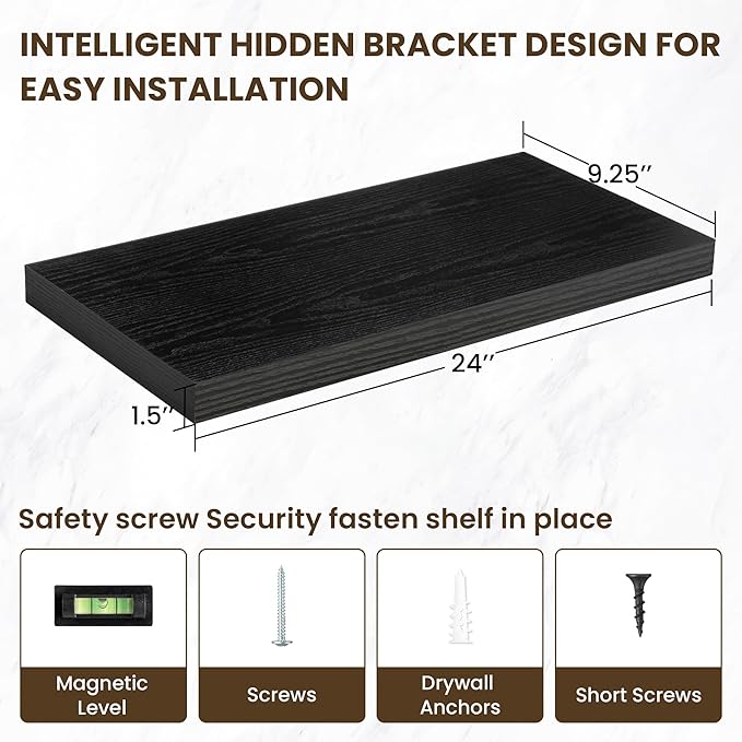 24 Inch Floating Shelves, 24"x9.25"x1.5" Inch Deep Floating Shelves for Wall, Wooden Shelves for Bathroom, Bedroom, Living Room, Black