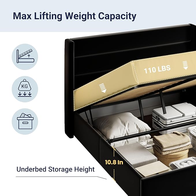 Allewie Full Size Velvet Lift Up Storage Bed, Modern Wingback Headboard, Hydraulic Support, No Box Spring Needed, Black