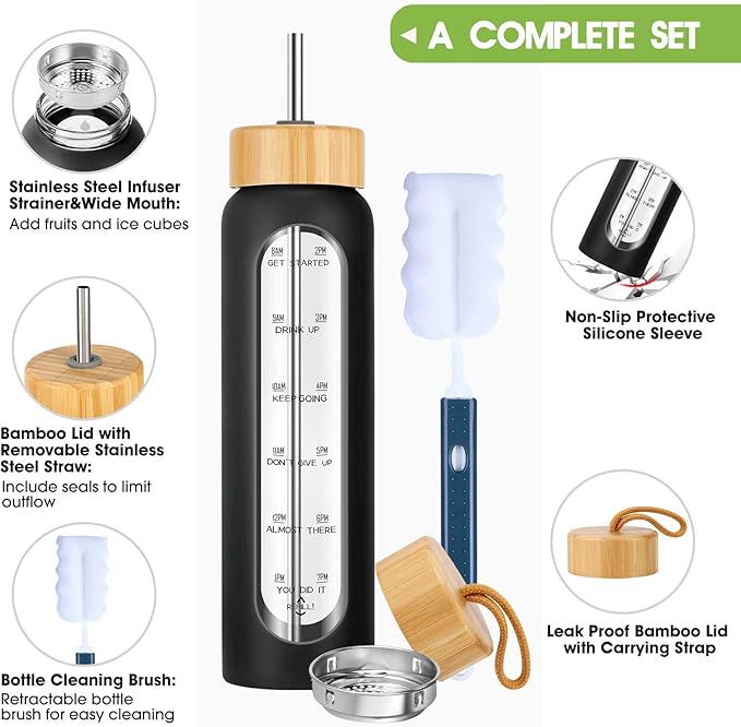 32 oz Glass Water Bottle with Straw - Motivational Time Marker & Silicone Sleeve - Reusable Tumbler Includes 2 Bamboo Lids & Fruit Infuser - 1 Pack