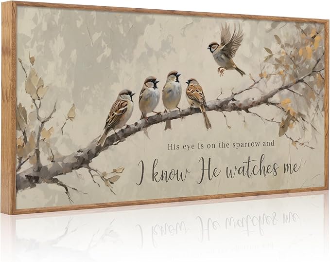 Aurlan His Eye is on the Sparrow Christian Wall Art Framed(40"x20"), Vintage Neutral Birds on Tree Branch Nature Canvas Artwork, Religious Faith Gift Bible Verse Scripture Print Decor for Home Office Bedroom