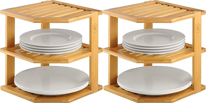 2-Pack Plate Organizer for Cabinet - Bamboo Corner Shelf for Kitchen or Bathroom Storage, Space-Saving Rack for Dishes, Countertop, Cabinet, Pantry - Organization & Housewarming Gift