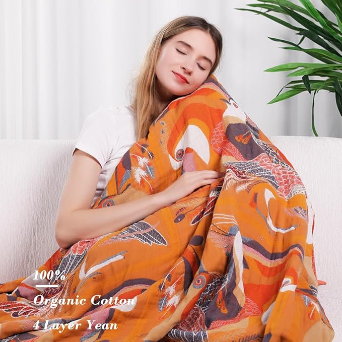 Boho Large Throw Blanket, 100% Organic Muslin Cotton Breathable Soft Bed Throw - Floral Bird Farmhouse Decor Blanket for Sofa Couch Chair Quilt and Gift. 80" x 90"- Colorful