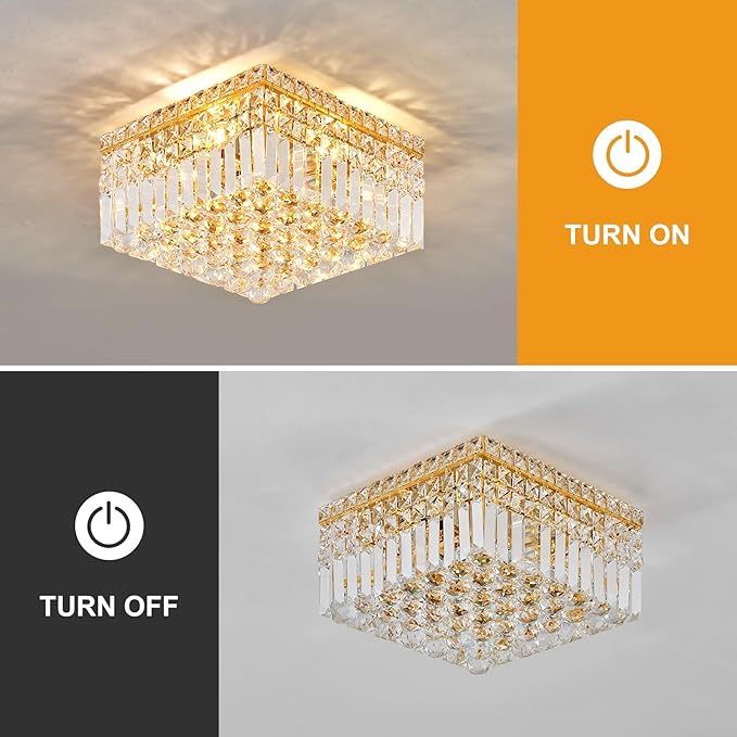 4-Light Gold Crystal Chandeliers Flush Mount Chandelier Light Fixture with K9 Crystals Modern Ceiling Lights Elegant Square Lamp for Bedroom,Hallway,Bar,Living Room,Dining Room,H5.9 xW13.7