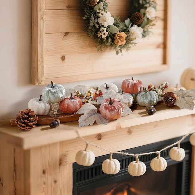 Artmag 25 PCS Pumpkin Decor Set, Artificial Fabric Pumpkins Decor with Acorns, Pinecones, Berries, Maple Leaves for Fall Halloween Thanksgiving Decorations Home Table