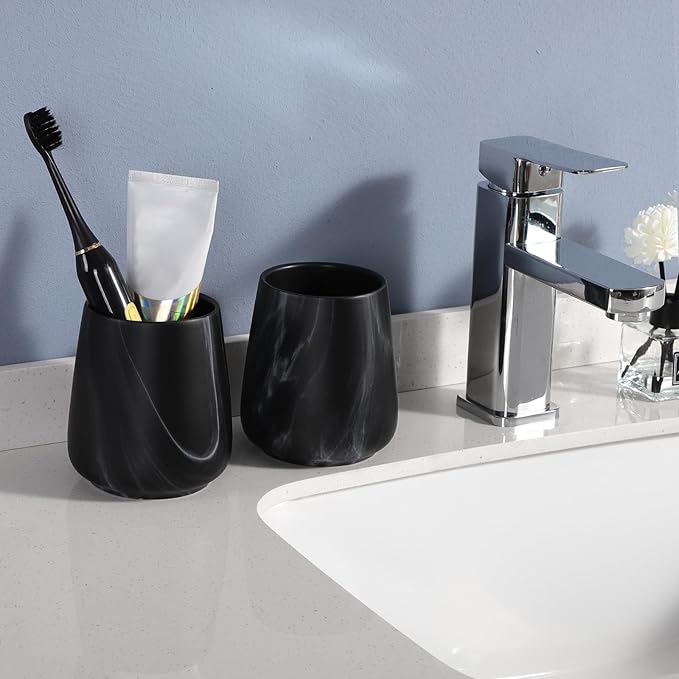 2Pcs Toothbrush Holder for Bathroom - Marble Black Ceramic Tooth Brushing Holders Set, Toothbrush Cup & Toothpaste Organizer for Bathroom Countertop, Makeup Brush Holder, Pen Holder for Home Storage
