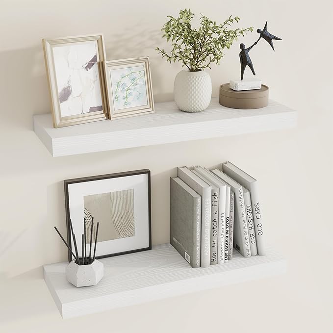 24 inch Floating Shelves Long Floating Shelves for Wall Large Wall Mounted Shelves with Invisible Brackets, White Shelves for Bathroom, Living Room, Kitchen, Office, 24x6.7 inch deep Set of 2
