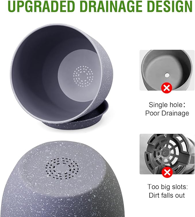 12/10/9 inch Large Plant Pots, 3 Pack Modern Decorative Plastic Planters with Drainage Holes and Saucer for House Garden Plants, Flower Pots for Indoor Outdoor Plants, Speckled Grey