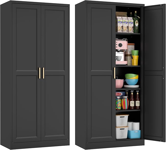 71" Tall Metal Pantry Cabinet, Black Kitchen Pantry Storage Cabinet with 4 Adjustable Shelves and Gold Handles, Cupboard for Kitchen, Dining Room, Living Room, Bathroom