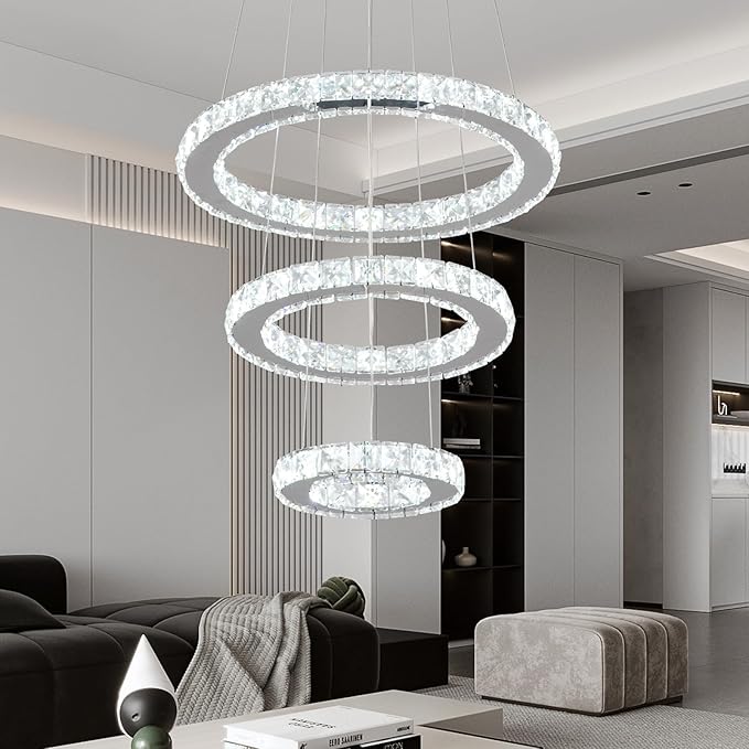 Buccleuch LED Crystal Chandeliers, Dimmable LED Pendant Light Fixture 3-Ring Adjustable Stainless Steel Ceiling Light, Silver Crystal Chandeliers for Dining Room, Bedroom, Living Room - ETL Listed