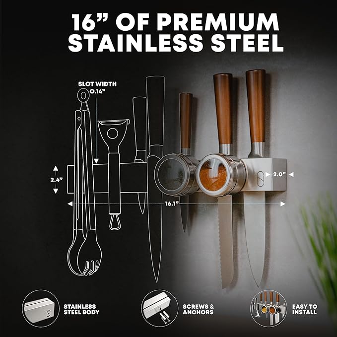 16" Magnetic Knife Holder for Wall with 2x Storage - Safe, Patented Storage Design - Stainless Steel Knife Magnetic Strip, Under Cabinet Knives Storage - Magnet Strip Rack Kitchen Utensil Organizer