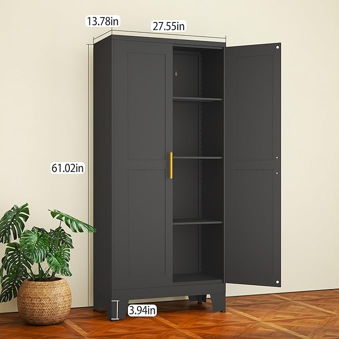 Black Metal Storage Cabinet, 61" Steel Cabinets for Home Office, Kitchen Pantry Storage Cabinet with Doors and 3 Adjustable Shelves, Metal Tool Cabinet, for Office, Home, Garage, School