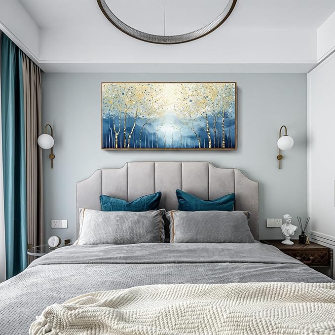 amatop Large Framed Abstract Canvas Wall Art Navy Blue Art Print Modern Nature Tree of Life Artwork Birch Contemporary Landscape Picture for Office Living Room Bedroom Hallway Home Decor 48x24 Inch