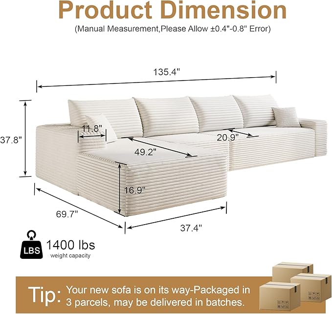 136" Sectional Couches for Living Room Modern Modular Sofa with L-Shape Couchs Upholstered Boneless Couch Deep Seat Sectional Couch with Chaise (White, Left Facing Chaise+3Seaters)