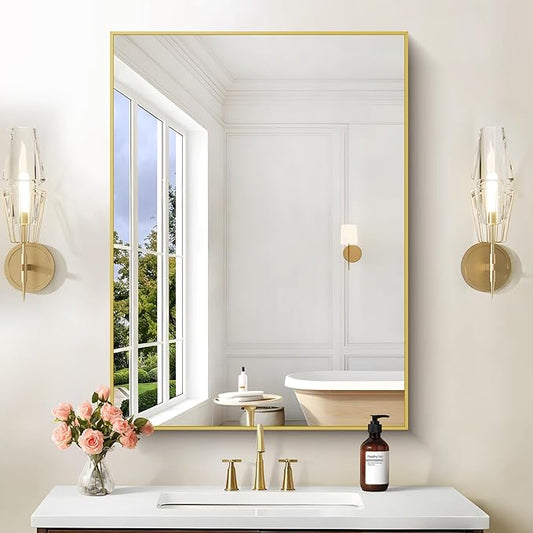 30x40In Gold Bathroom Mirror for Wall, Brushed Gold Rectangle Mirrors with Metal Frame, Bathroom Rectangular Mirror Modern Wall Mirror for Bedroom Living Room, Hangs Horizontal or Vertical