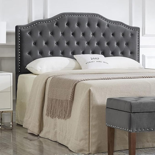 24KF Upholstered Button Tufted Queen/Full Size Headboard with Nailhead Trim, Soft Velvet Fabric - Dark Gray