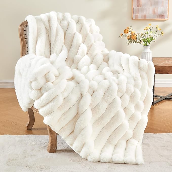 BEDELITE Faux Fur Throw Blanket for Couch, Soft and Cozy Luxurious 3D Striped Fluffy Blanket, 770GSM Thick Warm Plush Fuzzy Faux Rabbit Fur Blanket for Women Gift (Cream, 50"x 60")