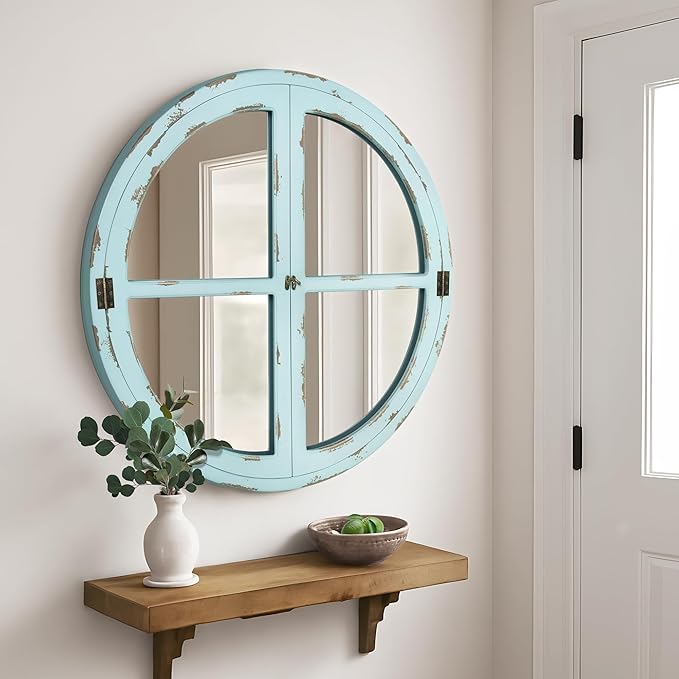 30" Round Window Mirror, Vintage Coastal Wall Mirror with Distressed Blue Wood Frame & Faux Windowpanes, Farmhouse Cottagecore Decor for Living Room, Entryway, or Dining Room