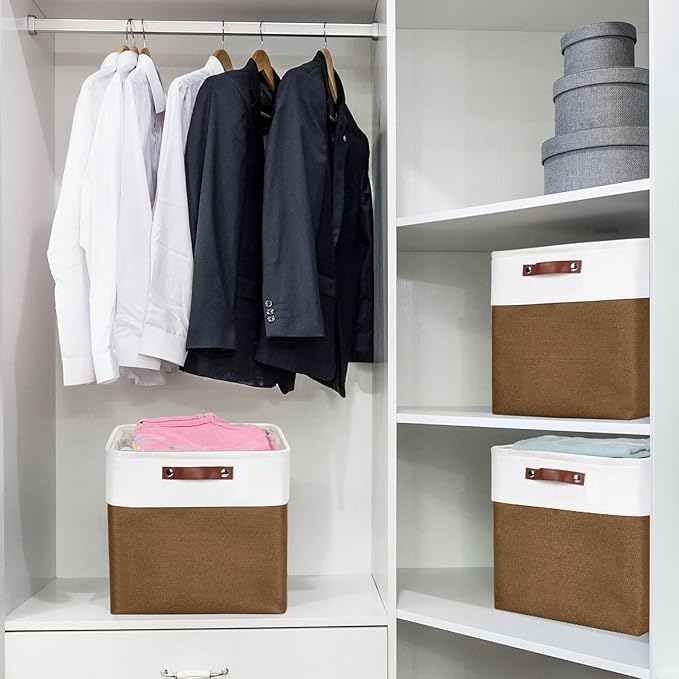 13x13 Cube Storage Bins, Collapsible Fabric Storage Box, 4 Pack Closet Baskets with Handles for Organizing, Shelf, Toys, Clothes, Home, Office, Nursery (Brown&White)