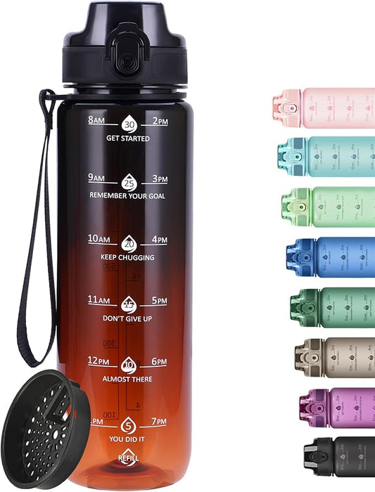 32oz Motivational Water Bottles with Time Marker & Fruit Strainer, Transparent Gradient Color Water Bottle with Times to Drink, Leakproof & BPA Free, Reusable Bottle with Strap (No Straw)