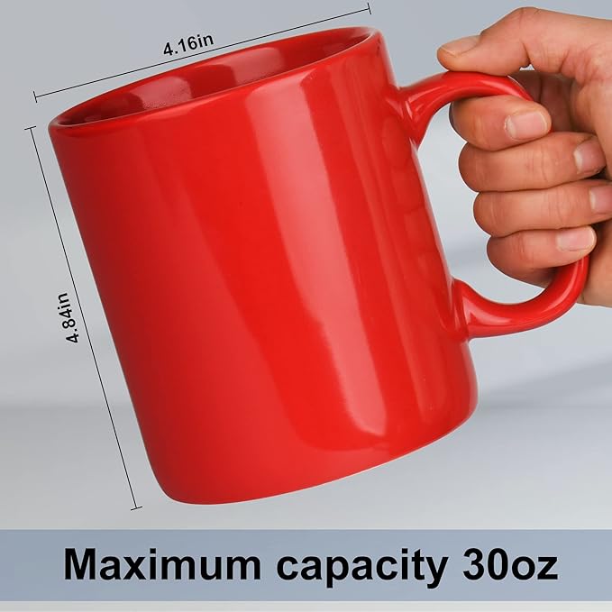 30oz Super Large Ceramic Coffee Mugs Large Handles Set of 2 (Red)