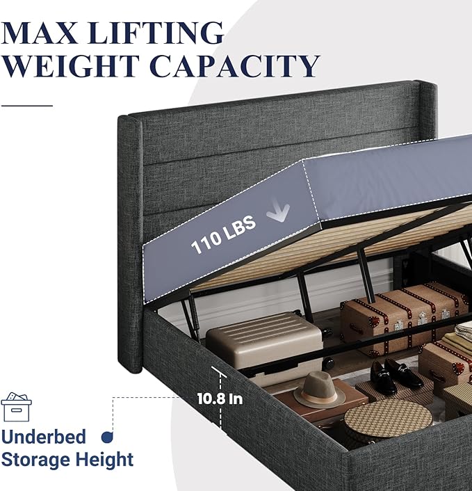 Allewie Full Size Lift Up Storage Bed, Modern Wingback Headboard, Hydraulic Support, No Box Spring Needed, Dark Grey