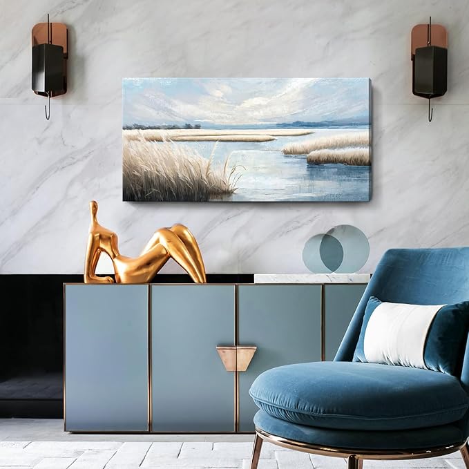 amatop Large Coastal Wall Art Abstract Landscape Beach Ocean Marsh Canvas Print Calming Soft Blue and Beige Wetland Picture Minimalist Neutral Nature Artwork for Bedroom Living Room Office 48x24