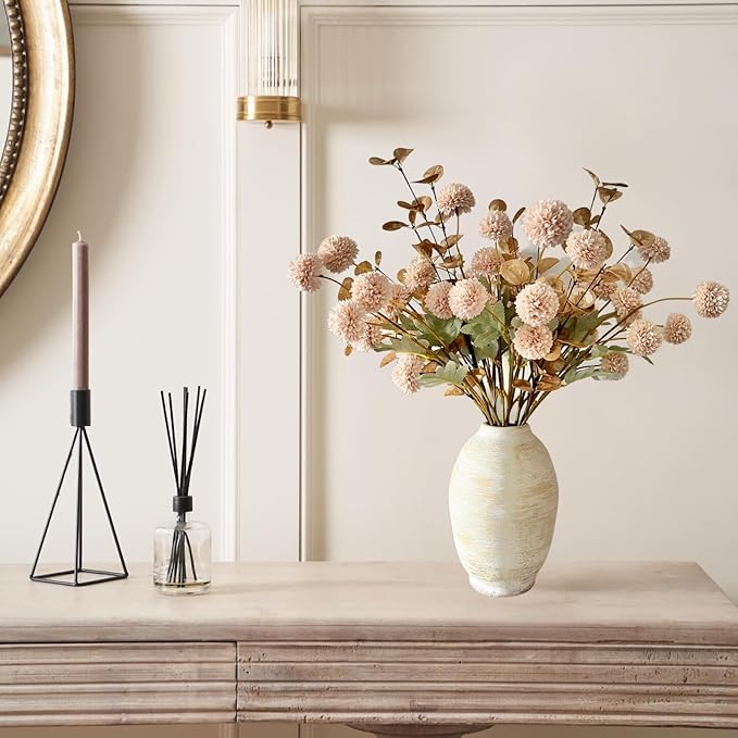 Beige Fake Flowers Silk 10 Stems With Eucalyptus, Faux Flowers For Vase, Artificial Mums Long Stem, Mini Faux Mums Flower Bulk, Tan Nude Cream Neutral Floral, Chrysanthemum Pom Pom Floral Arrangements