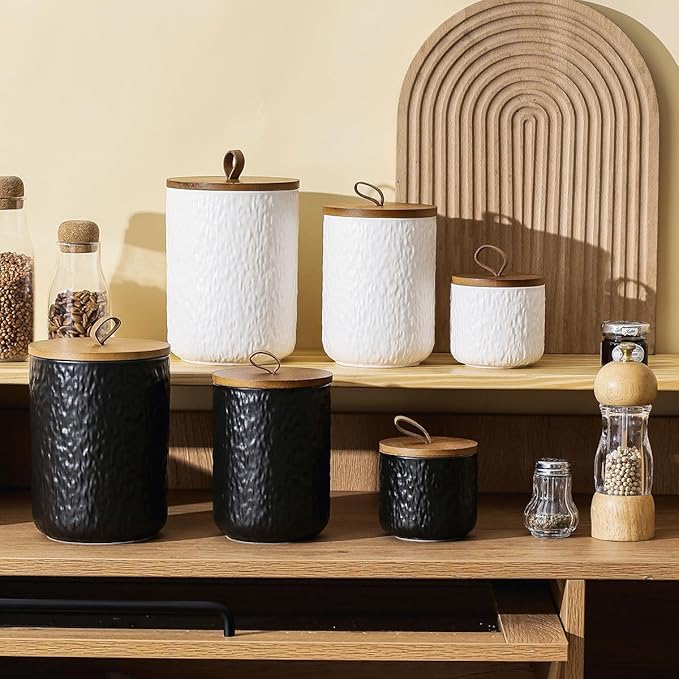 Black White Ceramic Coffee Canister Tea Canister with Seal Wood Lid, Airtight Coffee Storage Container for Coffee Bean, Ground Coffee, Sugar, Cookie Candy jar (Black three piece)