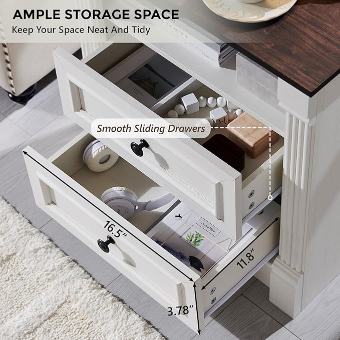 26" Tall Farmhouse Night stand Set of 2, 2 Drawers End Table w/Charging Station, 23.6" Wide Wood Side Table w/Roman Column, Large Rustic Sofa Table w/Open Shelf, Bedside Table for Bedroom, White