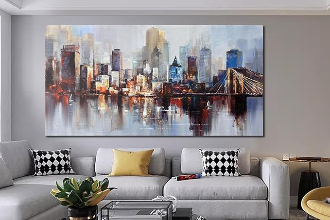 Arjun Brooklyn Bridge Wall Art Modern New York City Abstract Canvas Cityscape Painting, NYC Skyline Textured Picture for Living Room Bedroom Home Office Wall Decor Extra Large Size Framed 58"x29"
