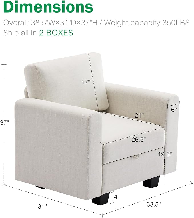 38.5 Oversized Accent Chair with Storage Beige Set of 2, Single Modern Accent Sofa Chair with Arms for Apartment Living Room Linen(21" Deep Seat)