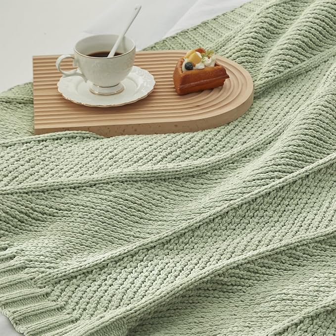 Amélie Home Chenille Knit Throw Blanket for Couch, Chevron Texture Decorative Soft Blanket for Sofa, Bed & Chair, 50"x60", Sage Green