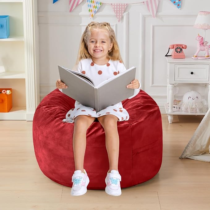 Bean Bag Chairs for Kids - Memory Foam Furniture BeanBag Chair - Kids/Teens Sofa with Soft Micro Fiber Cover - Round Fluffy Couch for Living Room Bedroom College Dorm - 2.5 ft, Red