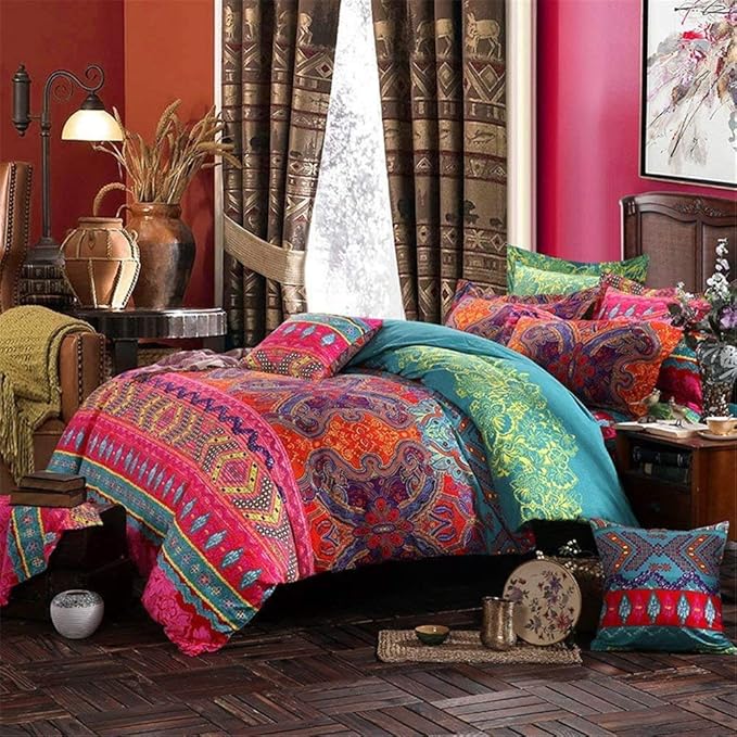 ABREEZE 3Pcs Bohemia Retro Bedding Ethnic Vintage Floral Duvet Cover Boho Bedding 100% Brushed Cotton Bedding Sets Damask Paisley Coloful Mandala Down Comforter Cover,King