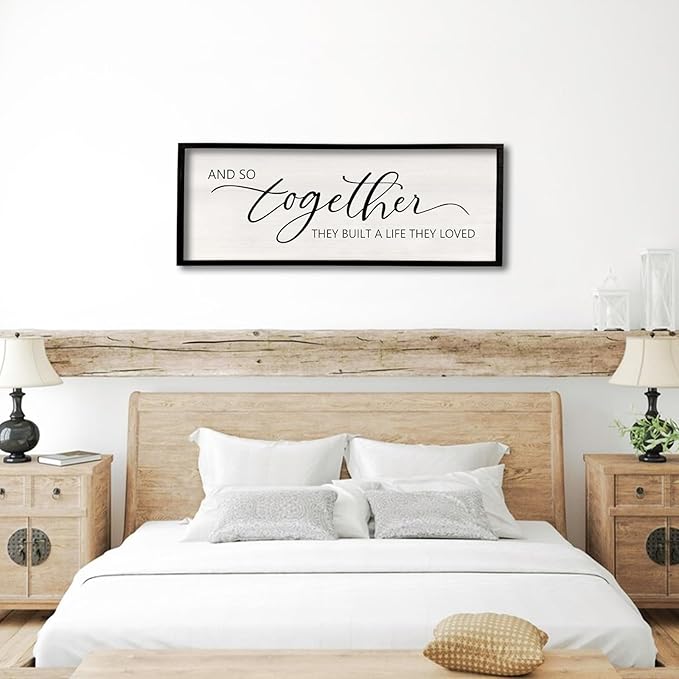 And So Together They Built A Life They Loved Sign 40”X15” Master Bedroom Above Bed Wall Decor Large Framed Wood Farmhouse Sign for Over Bed Bedside Wall Art for Love Sign Decor (Black)