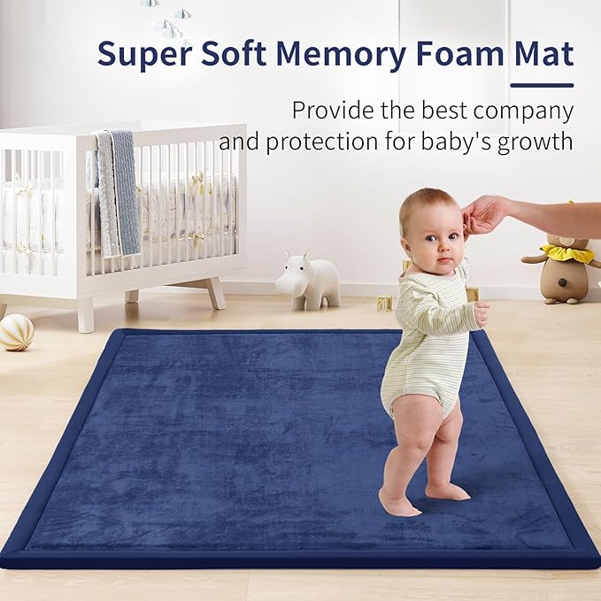 ACOMOPACK Baby Play Mat for Floor 1.3" Thick Memory Foam Play Mat 79"×118" Tummy Time Crawling with Non-Slip Bottom for Living Room,Nursery,Soft Velvet Playpen Mats for Kids,Infants（Royal Blue）