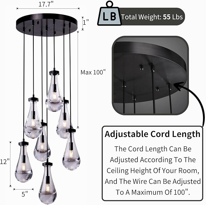 7 Light Raindrop Chandeliers, Bronze Teardrop Cluster Pendant Lights Kitchen Island, Black Dining Room Chandelier Over Table Hanging Pendant Lighting for High Ceiling, Entryway Staircase